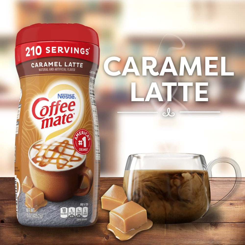 Coffee Mate Cafe Collection Caramel Macchiato being poured into a mug for a creamy start.