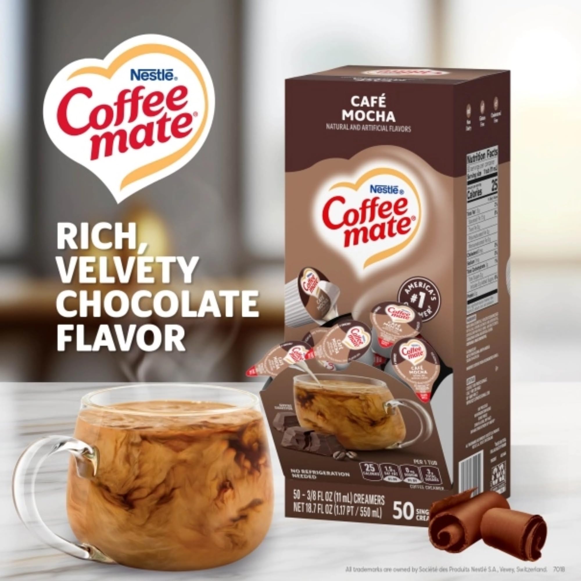 Pouring Coffee-mate Café Mocha into hot coffee for a creamy finish