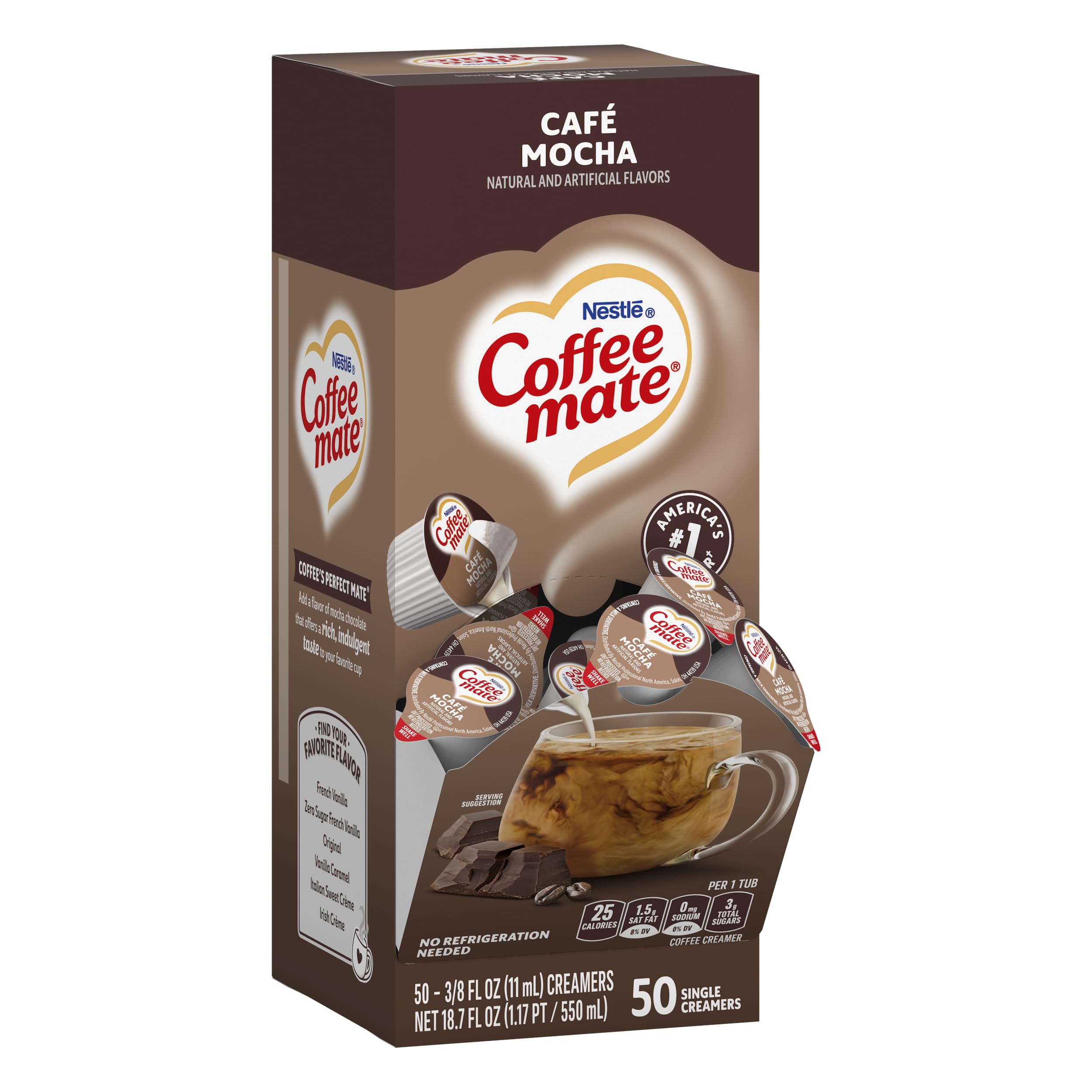 Shelf-stable Coffee-mate Café Mocha packaging on shelf