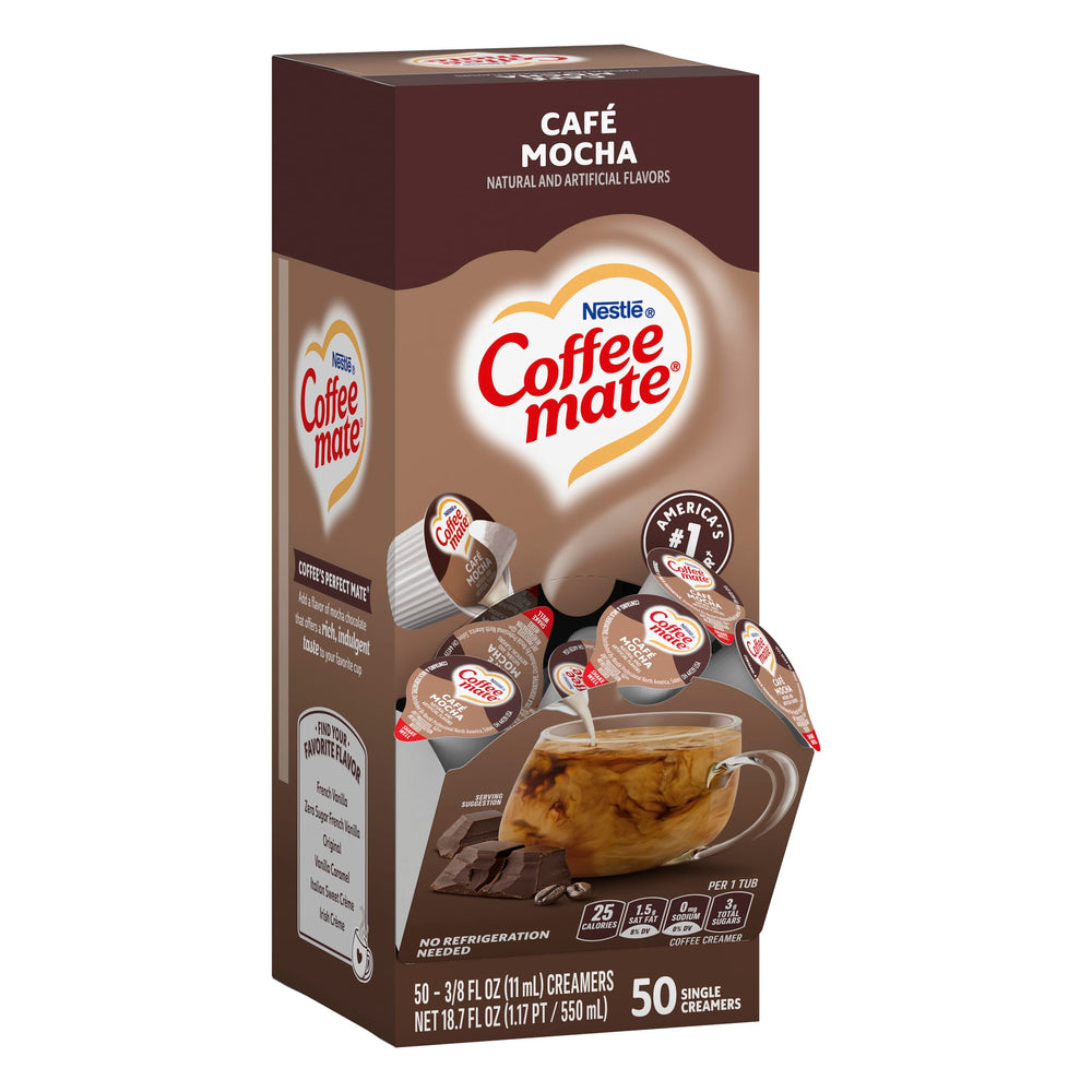 Shelf-stable Coffee-mate Café Mocha packaging on shelf