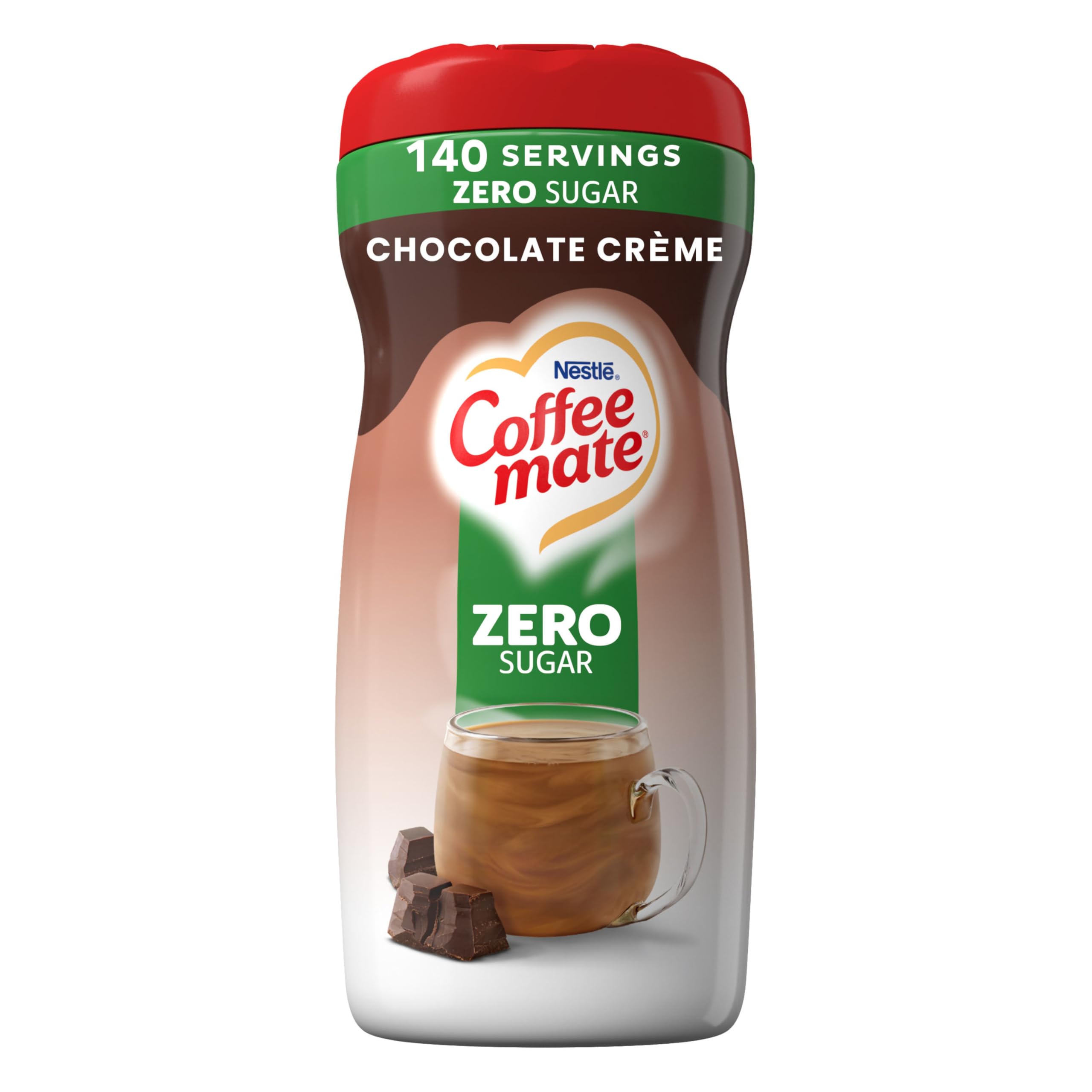 Coffee Mate Chocolate Creme Sugar Free Powder Bottle Front—rich chocolate flavor for daily coffee
