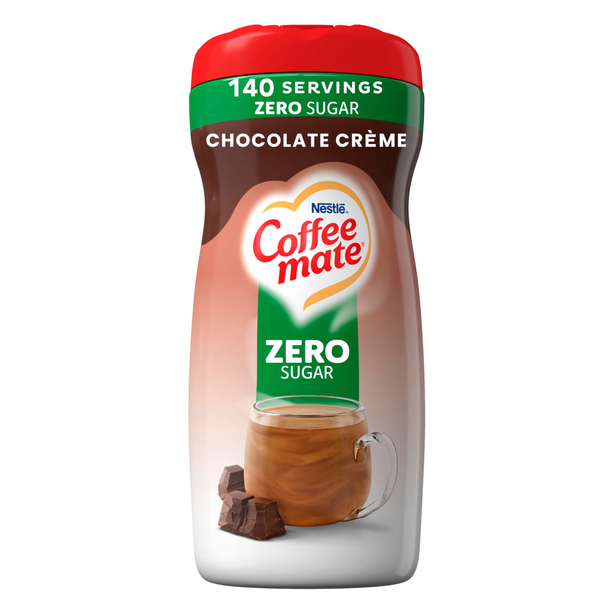 Coffee Mate Chocolate Creme Sugar Free Powder Bottle Front—rich chocolate flavor for daily coffee