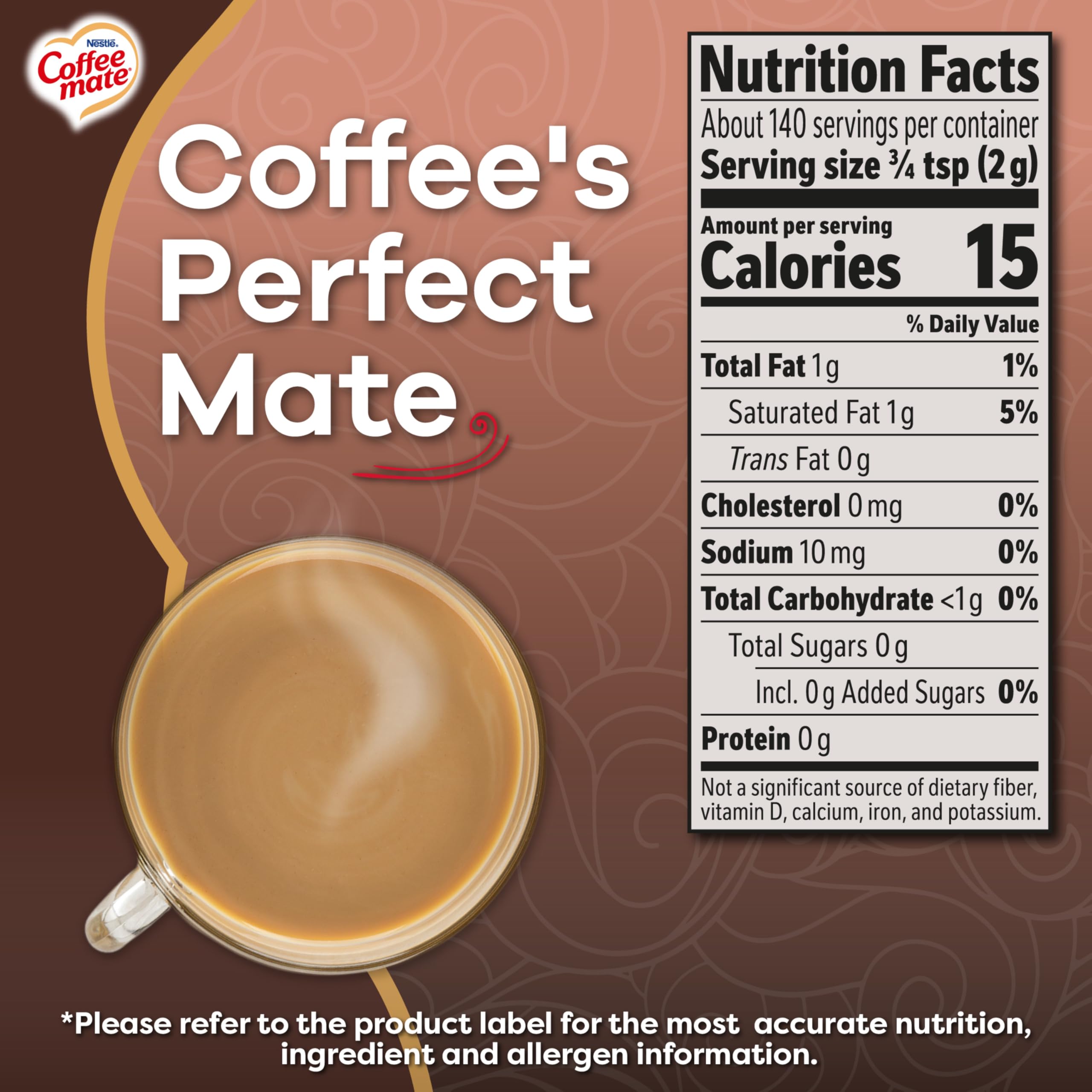 Coffee Mate Chocolate Creme Sugar Free Powder Bottle Top—neat lid for quick dose