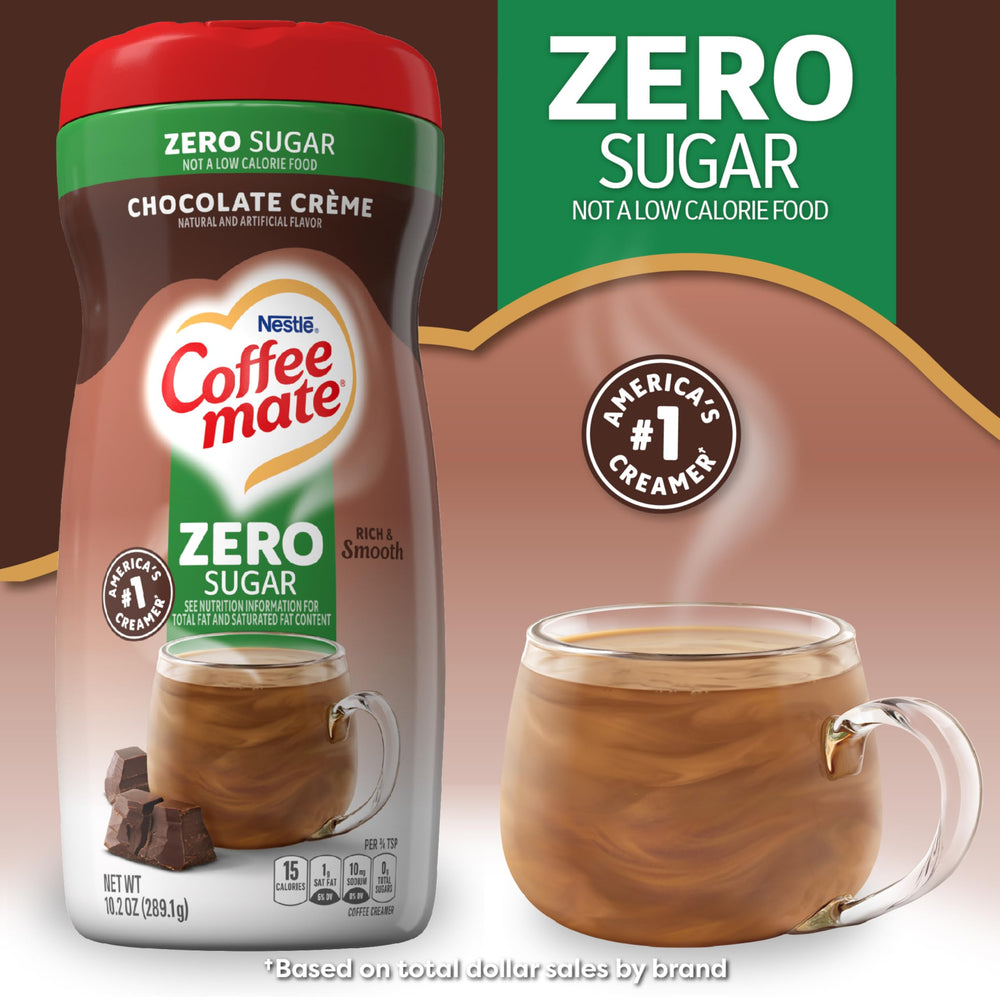 Coffee Mate Chocolate Creme Sugar Free Powder in Cup—creamy texture boosts morning coffee
