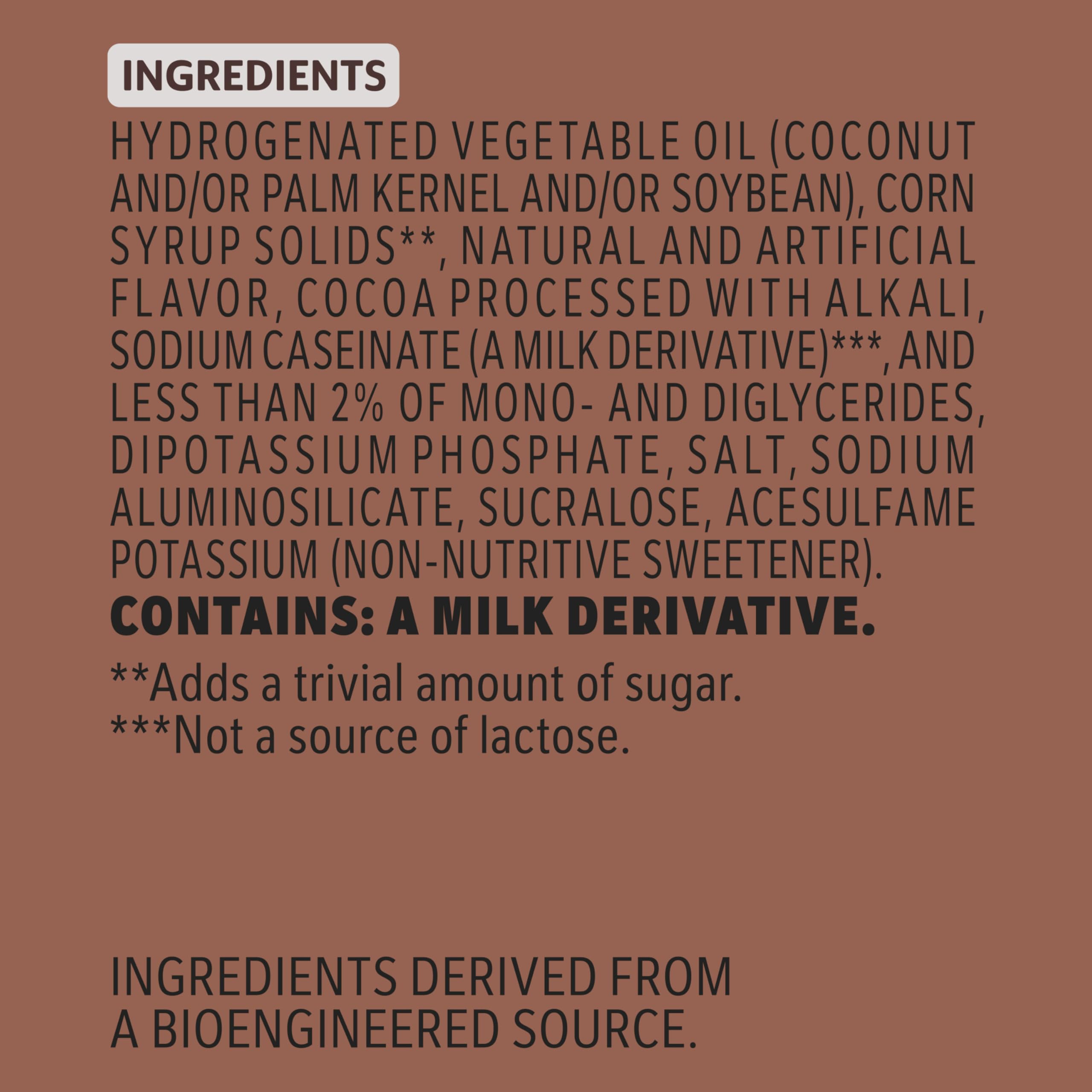 Coffee Mate Chocolate Creme Sugar Free Powder Label Close-Up—gluten-free and lactose-free claims