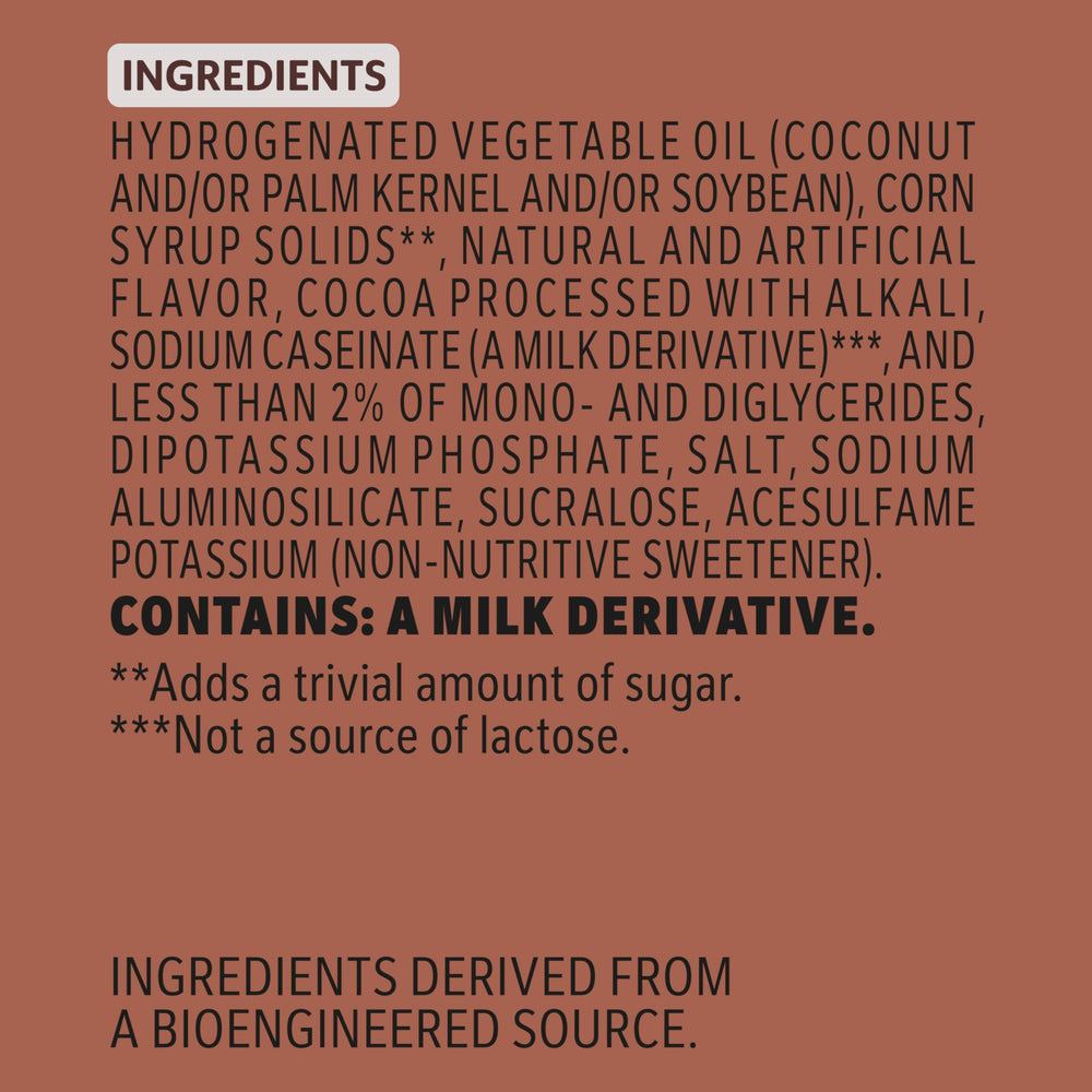 Coffee Mate Chocolate Creme Sugar Free Powder Label Close-Up—gluten-free and lactose-free claims