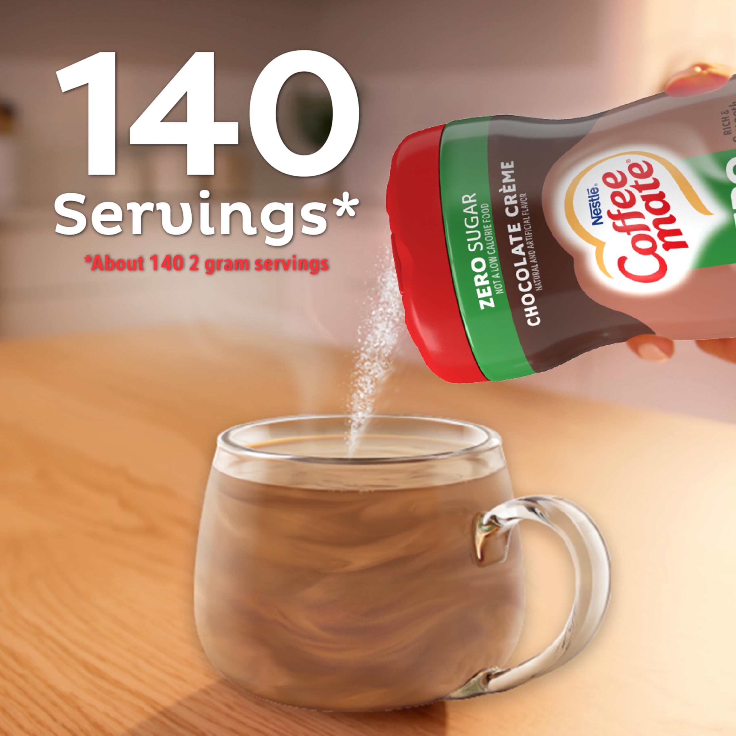 Coffee Mate Chocolate Creme Sugar Free Powder Packaging Side View—10.2 oz bottle details