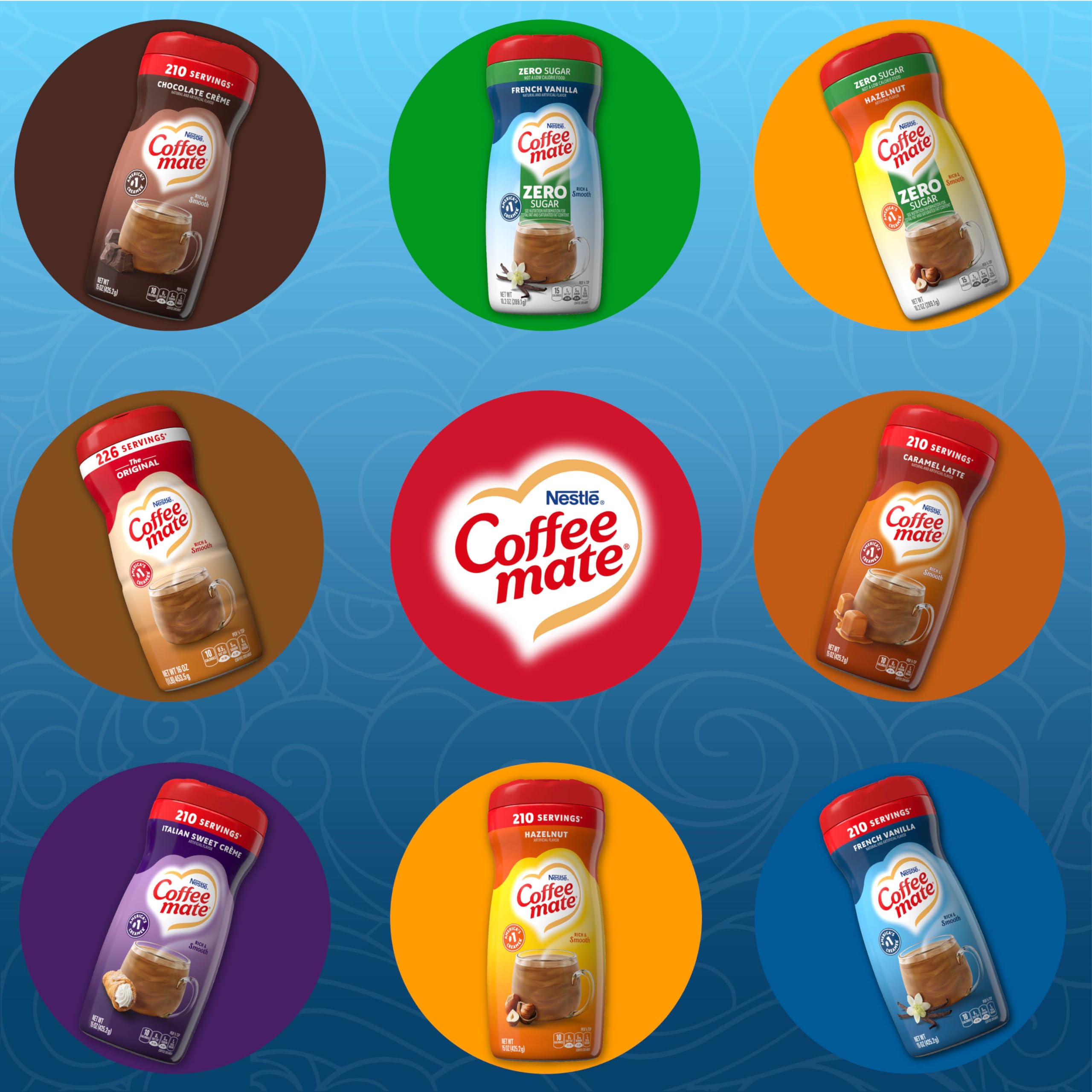 Coffee Mate bottles lined up, showcasing variety for simple coffee customization.
