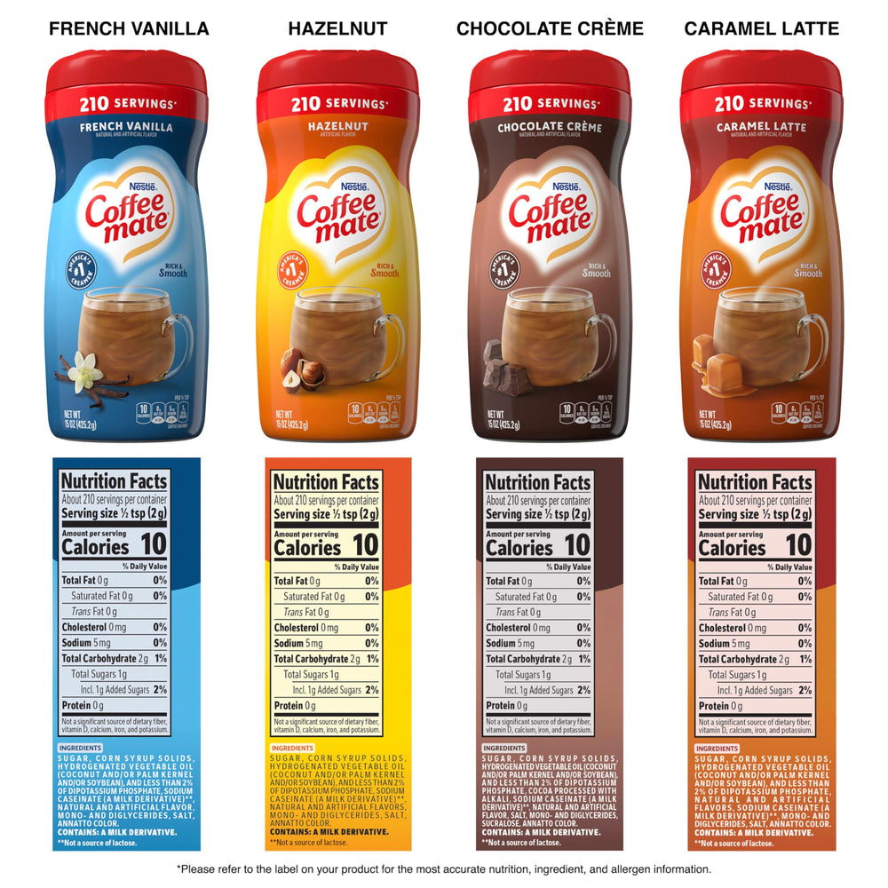 Pack-front view of Coffee Mate creamer setup for quick café-style coffee.