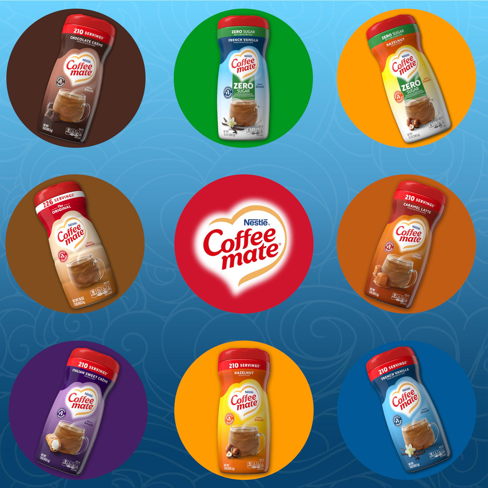Coffee-mate French Vanilla label on jar highlights easy pour and flavor.