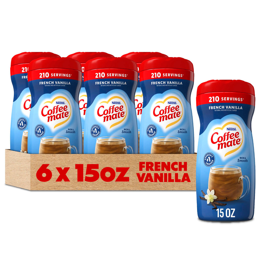 Coffee-mate French Vanilla powdered creamer opening, adds vanilla flavor to coffee.