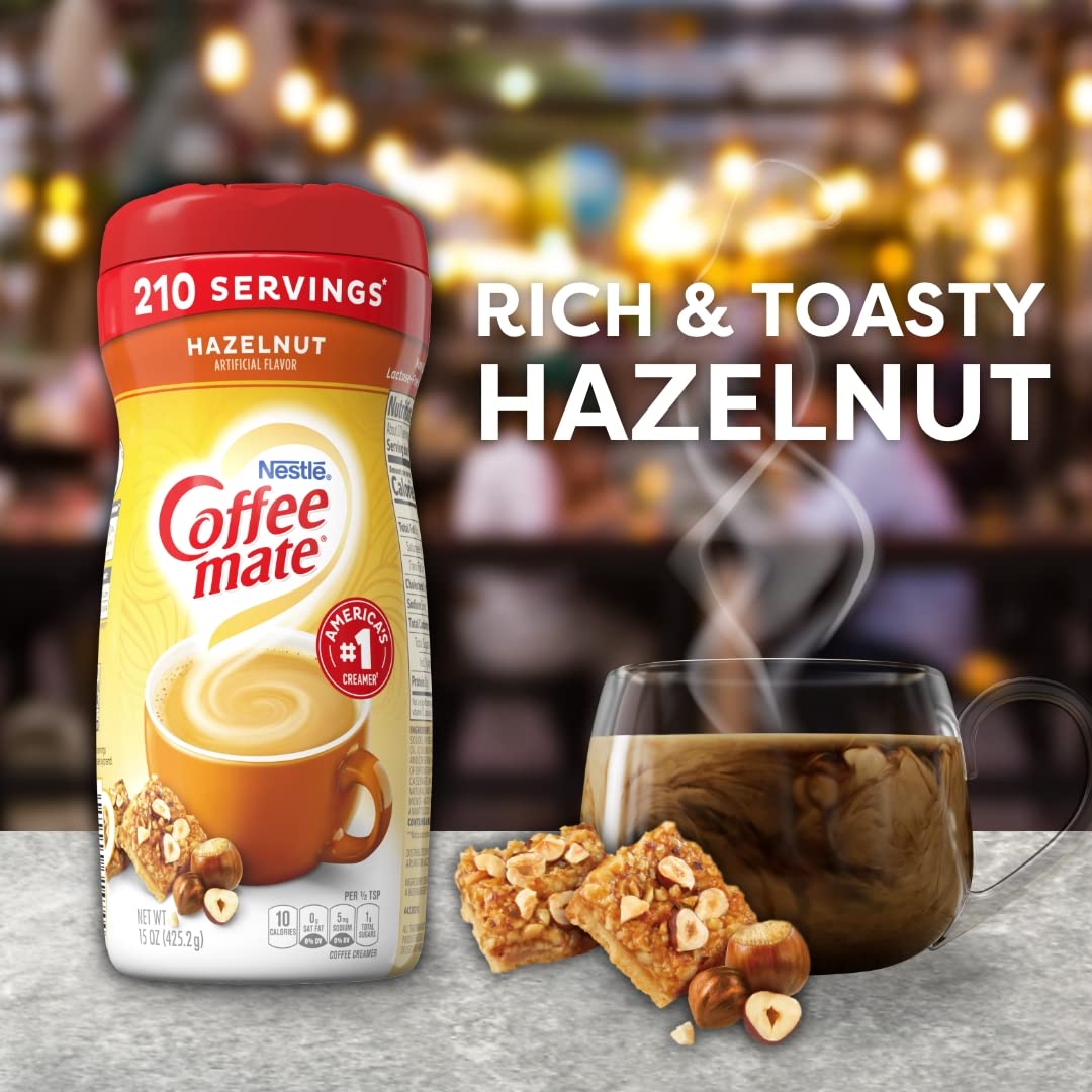 Coffee-mate Hazelnut Powdered Creamer in coffee cup for creamy aroma