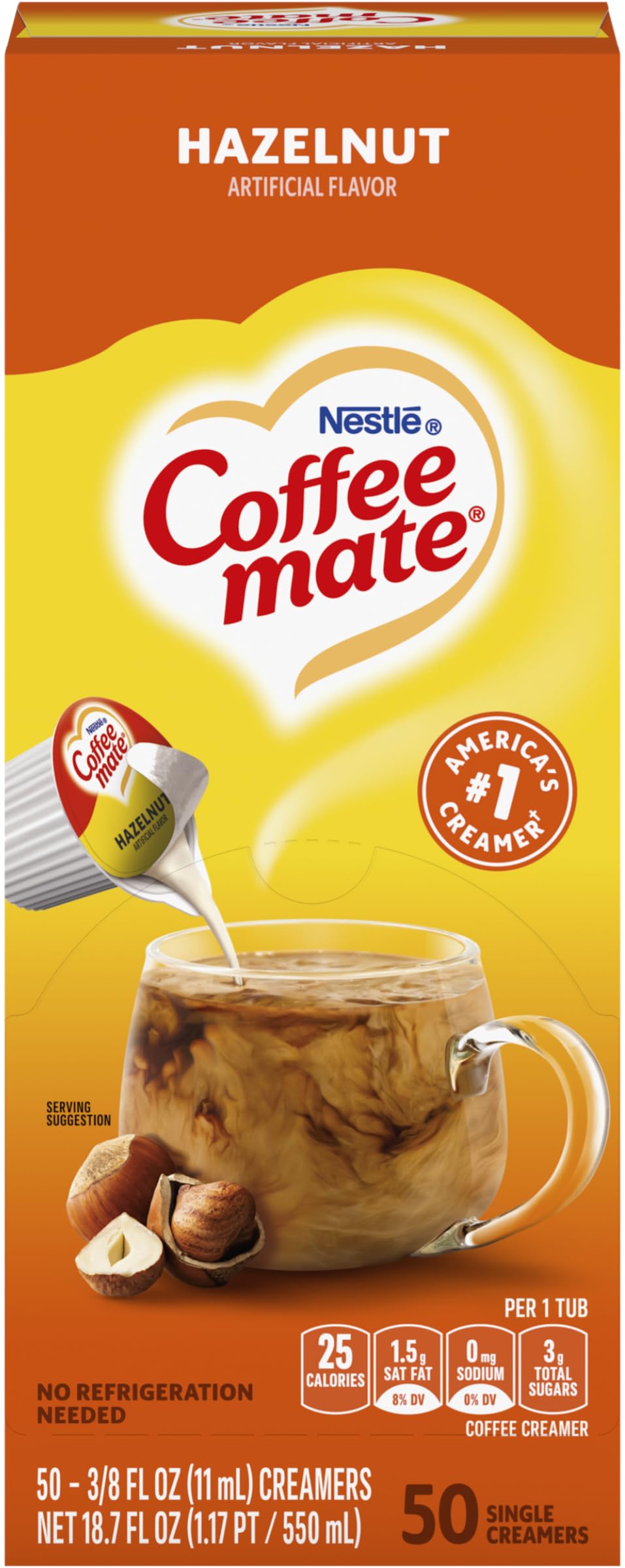 Coffee Mate Hazelnut Singles box front for quick flavor on the go.