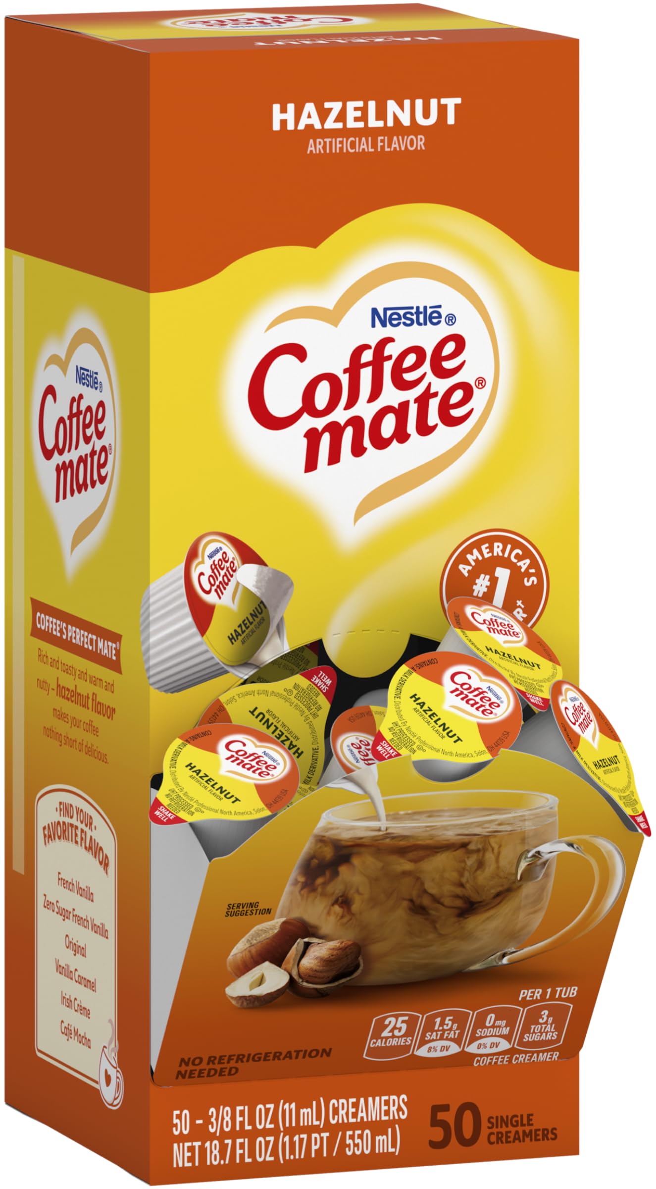 Coffee Mate Hazelnut Singles poured into coffee for quick creaminess.