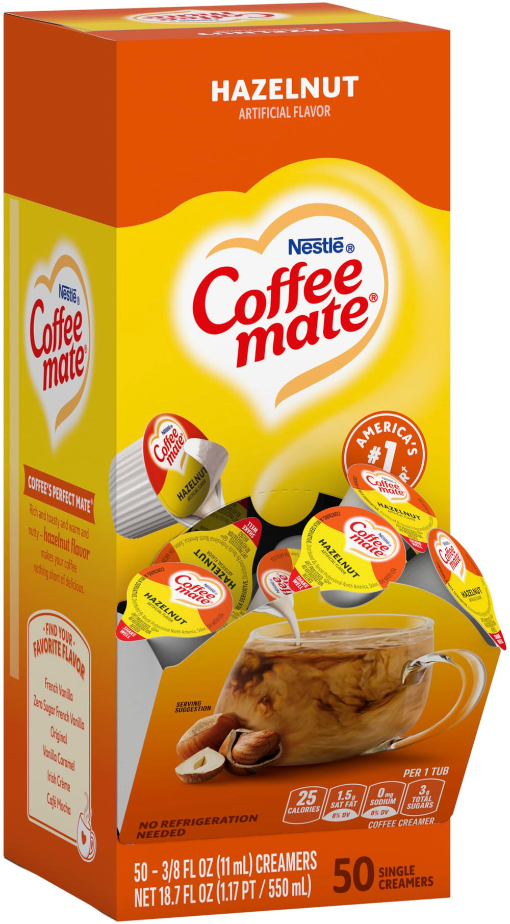 Coffee Mate Hazelnut Singles poured into coffee for quick creaminess.