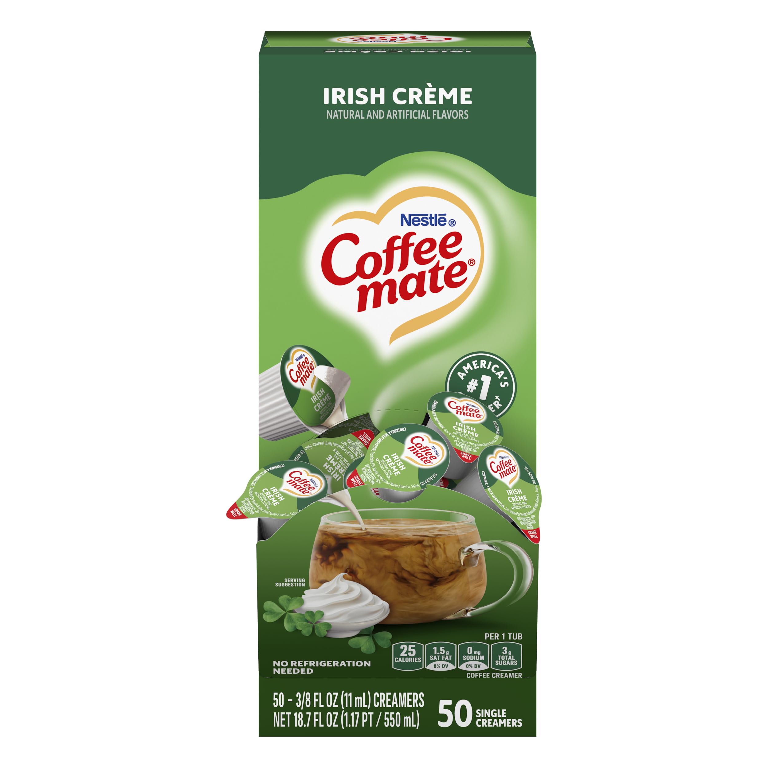Coffee Mate Irish Crème box with 50 single-serve flavor boosters.