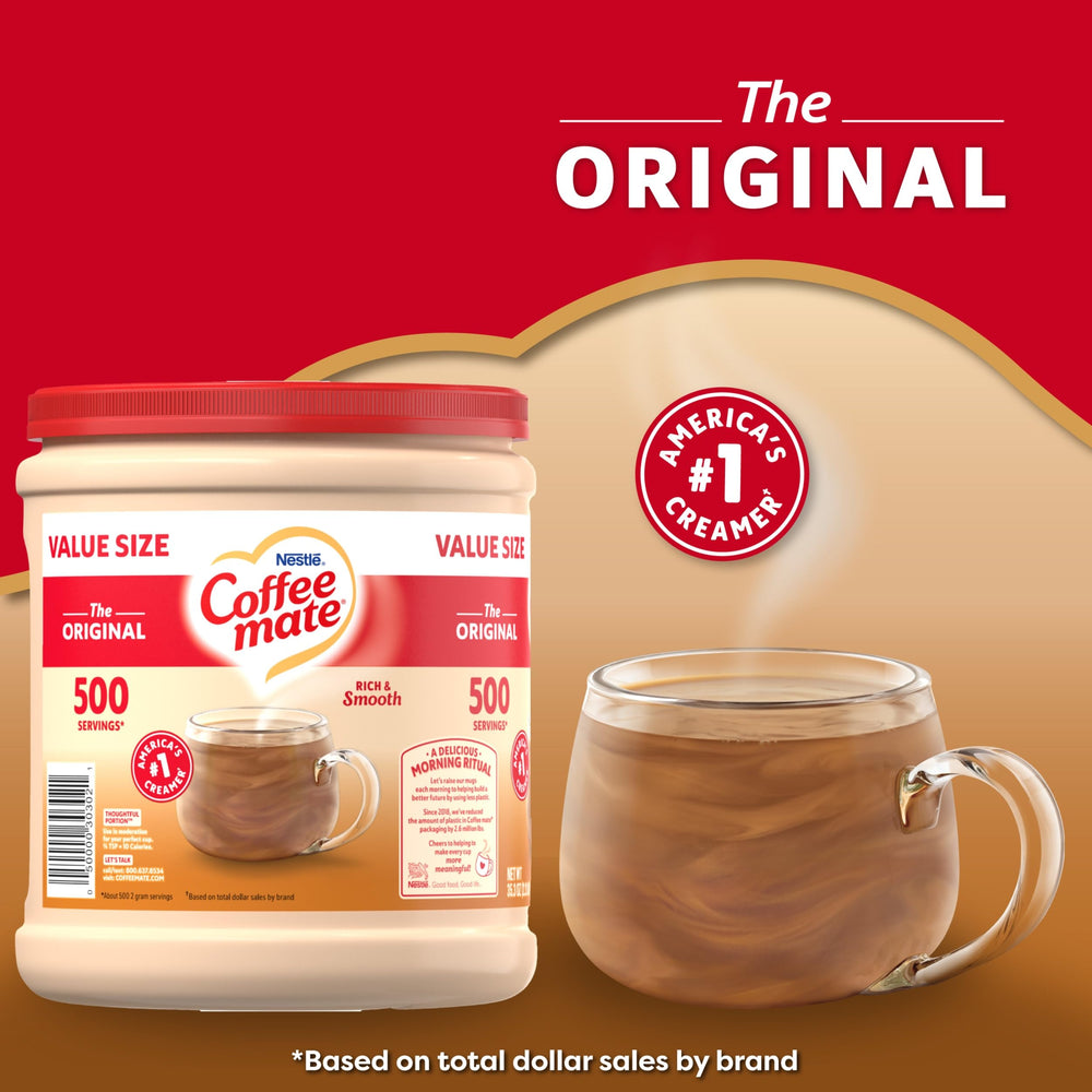 Close-up of Coffee Mate Original label highlighting gluten-free and lactose-free.