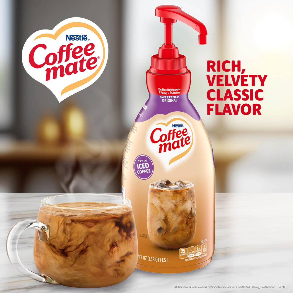 Coffee Mate pump neck release close-up for easy dispensing.