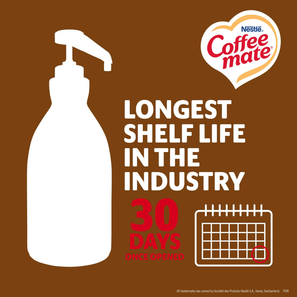 Coffee mate Snickers pump bottle in dispense action for quick flavoring