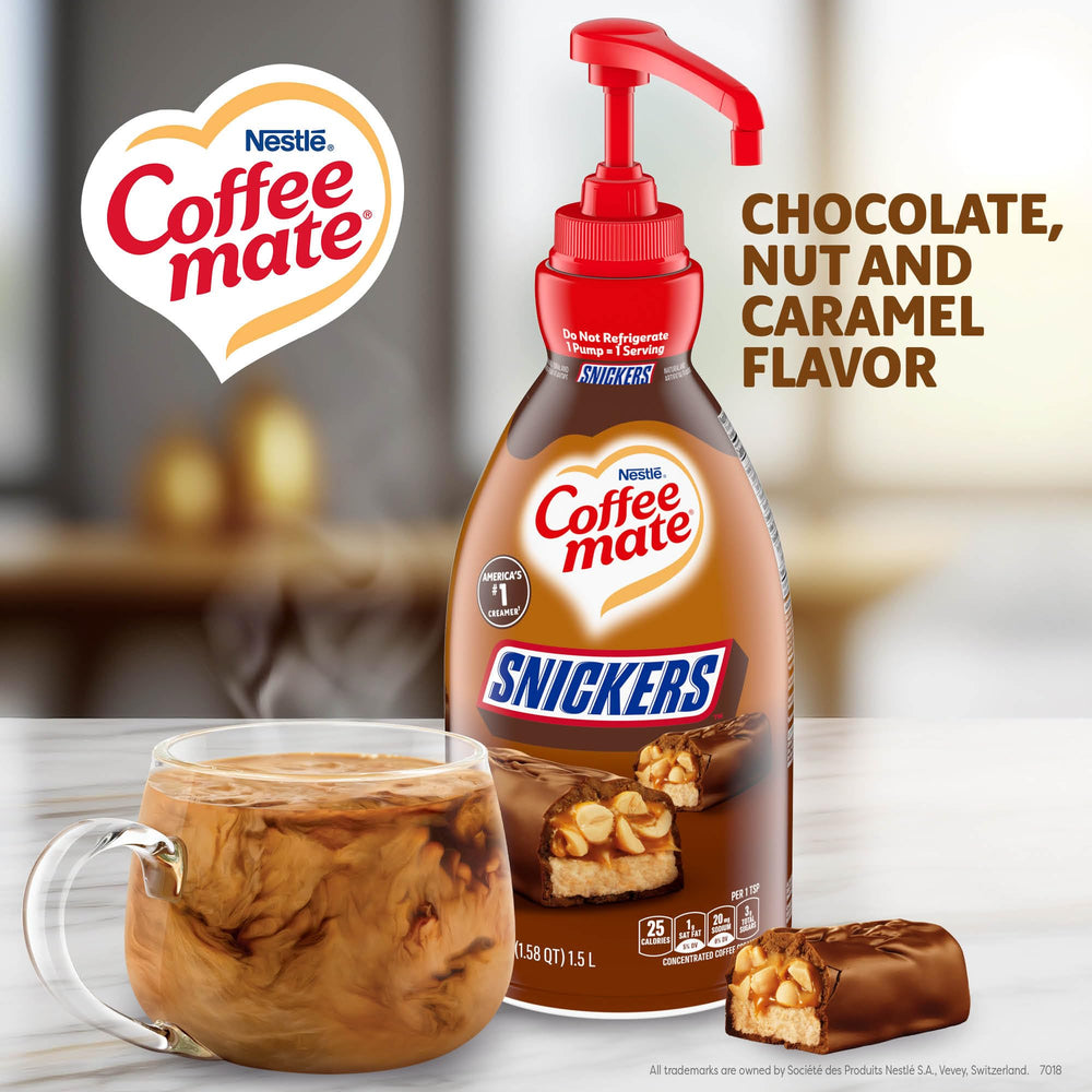 Coffee mate Snickers pump spout close-up demonstrates precise, spill-free dispensing