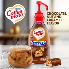 Coffee mate Snickers pump spout close-up demonstrates precise, spill-free dispensing