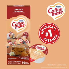 Coffee-mate Vanilla Caramel single-serve packet for travel and on the go beverages.