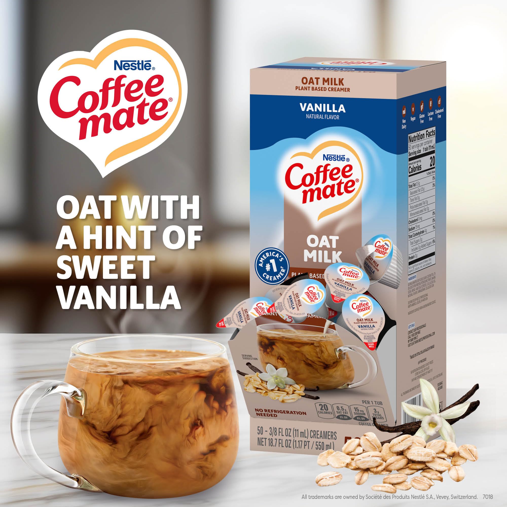 Coffee Mate plant-based creamer singles provide lactose-free vanilla sweetness.