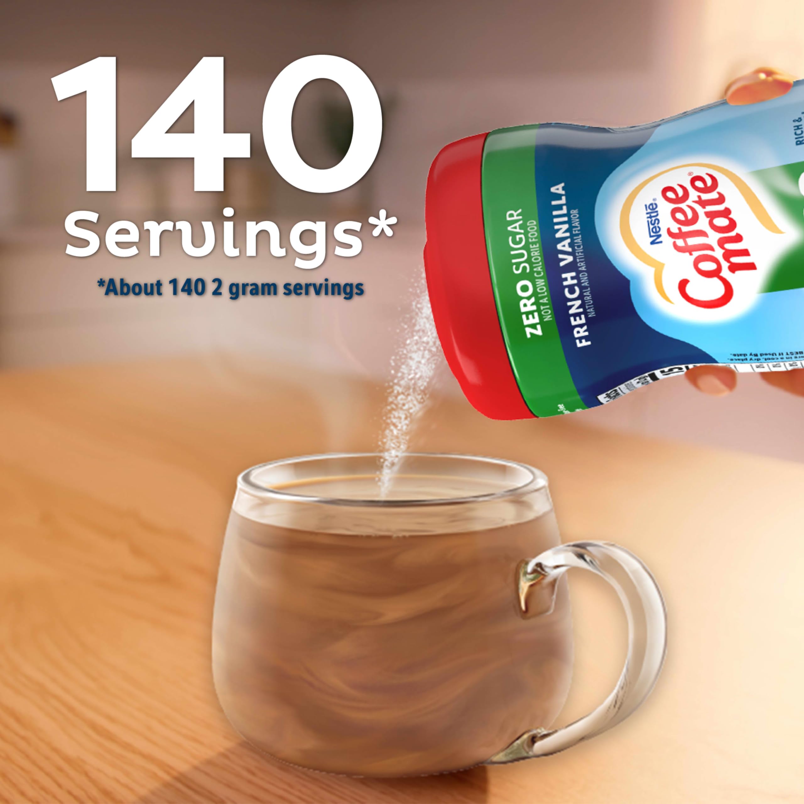 Coffee Mate Zero Sugar Vanilla Caramel bottle highlights creamy, sugar-free sweetness