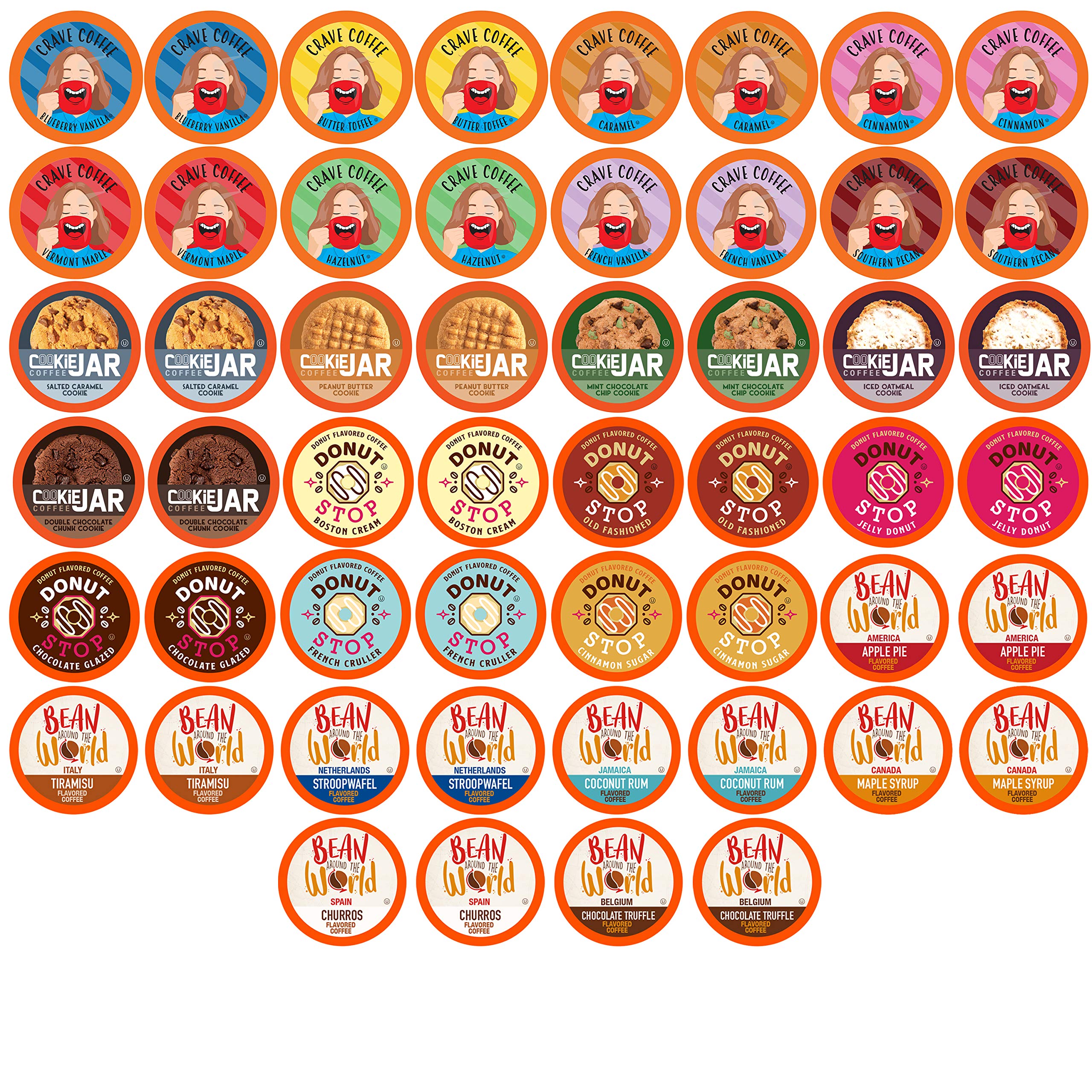 Coffee Pod Variety Packs flavored sampler lineup shows vibrant coffee options.
