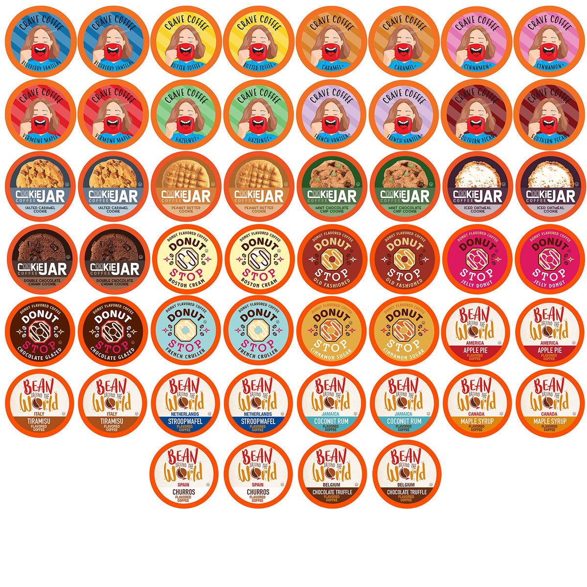 Coffee Pod Variety Packs flavored sampler lineup shows vibrant coffee options.