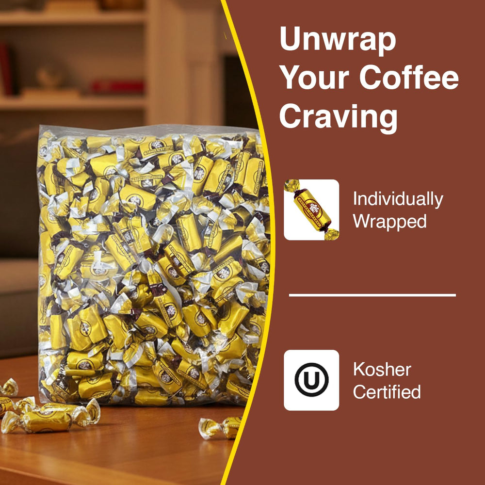 Coffee Rio kosher-certified label on caramel packaging.