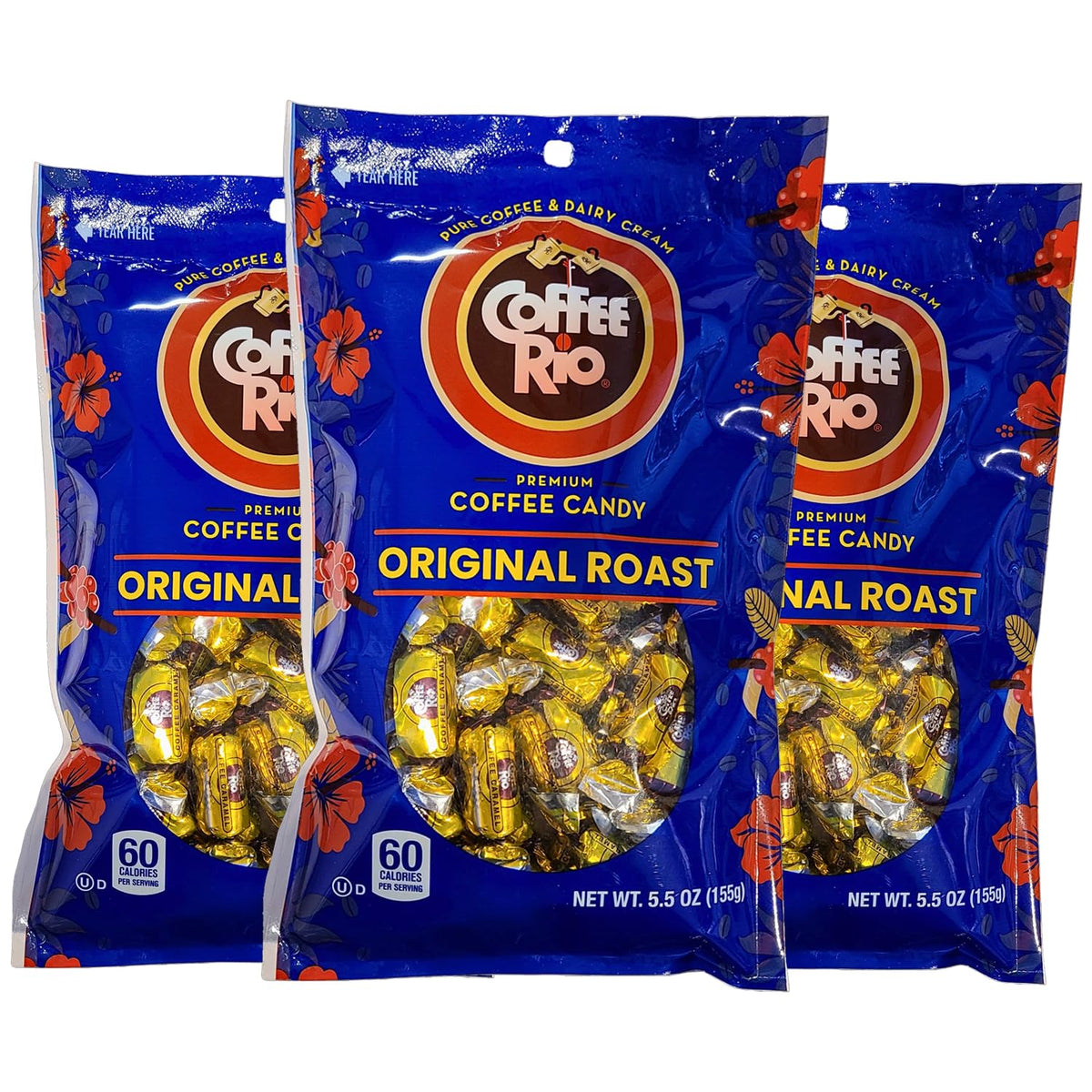 Coffee Rio Original Roast caramel candies in a three-pack, ideal for office sharing.