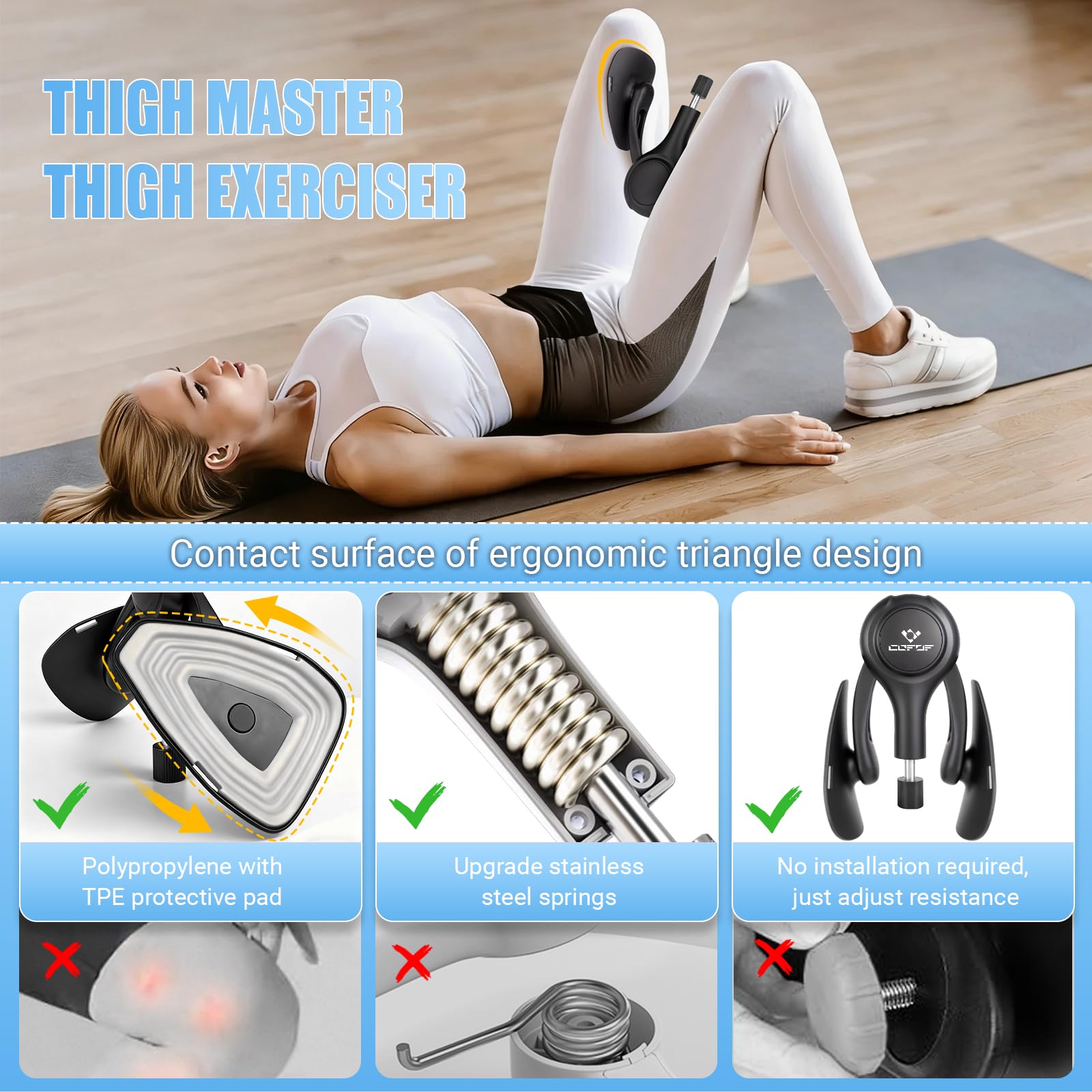 COFOF inner thigh exerciser with soft TPE pads protects skin during workouts.