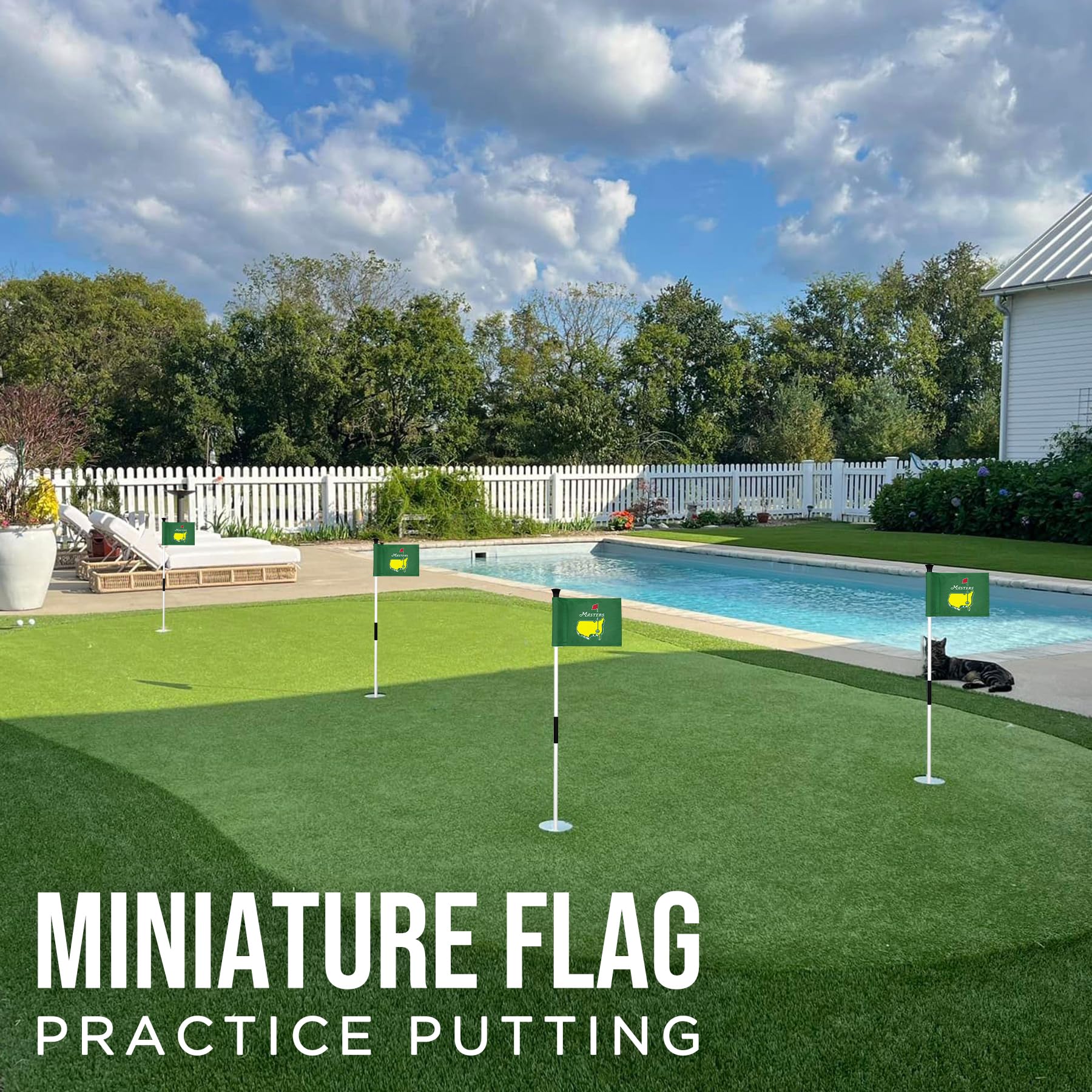 CoGolfing Major Golf Flag Mini, backyard putting green scene, ready for casual practice sessions.