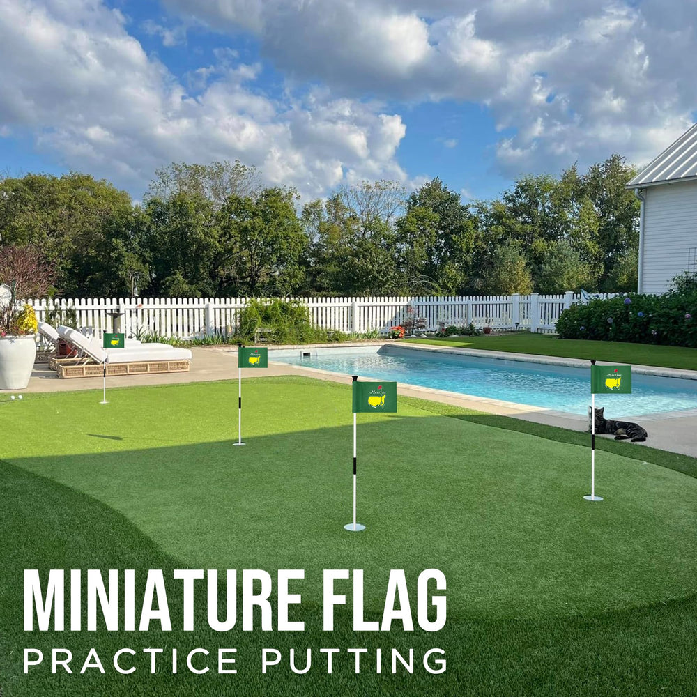 CoGolfing Major Golf Flag Mini, backyard putting green scene, ready for casual practice sessions.