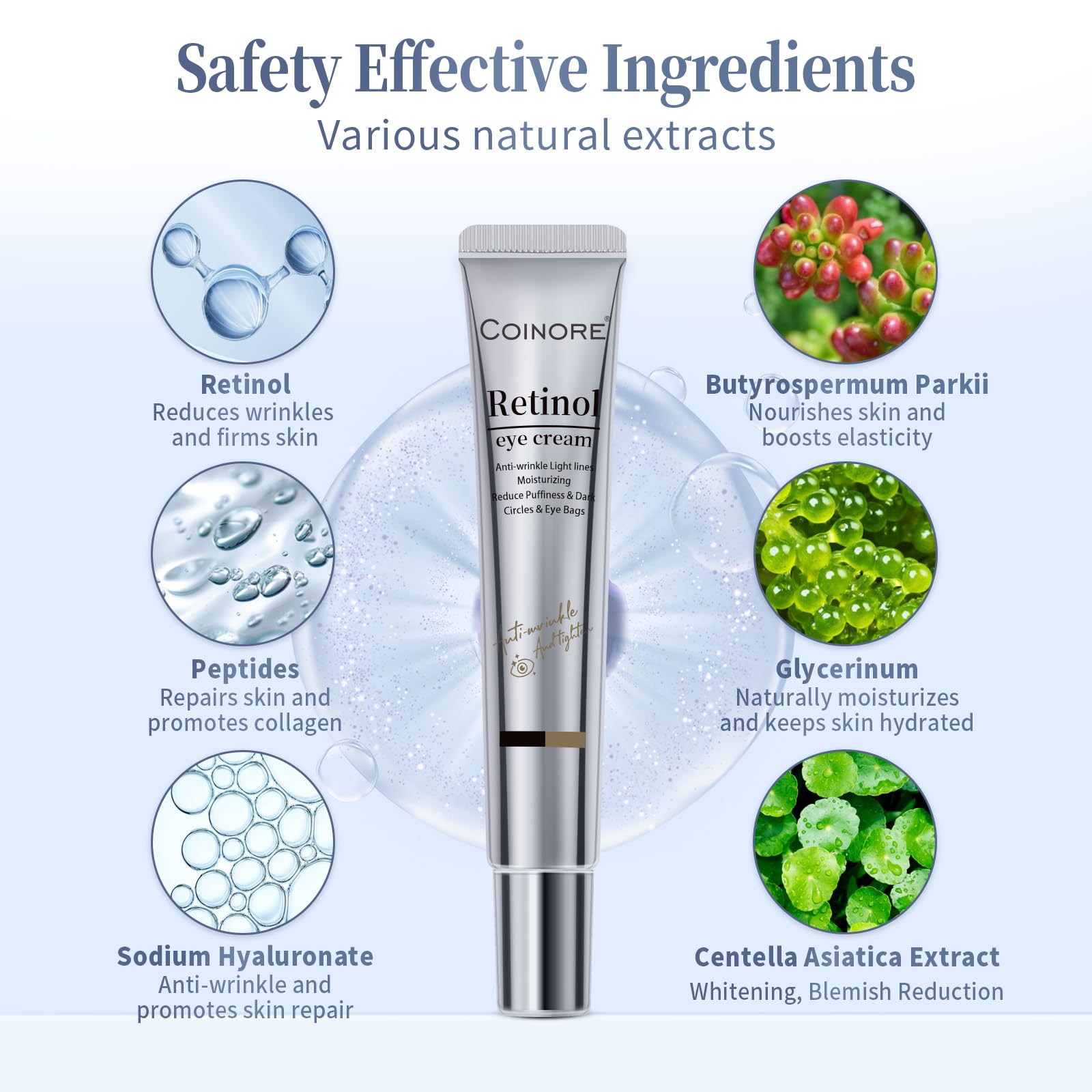 Coinore Retinol Under Eye Cream bottle label highlights vegan formula and skin barrier support.