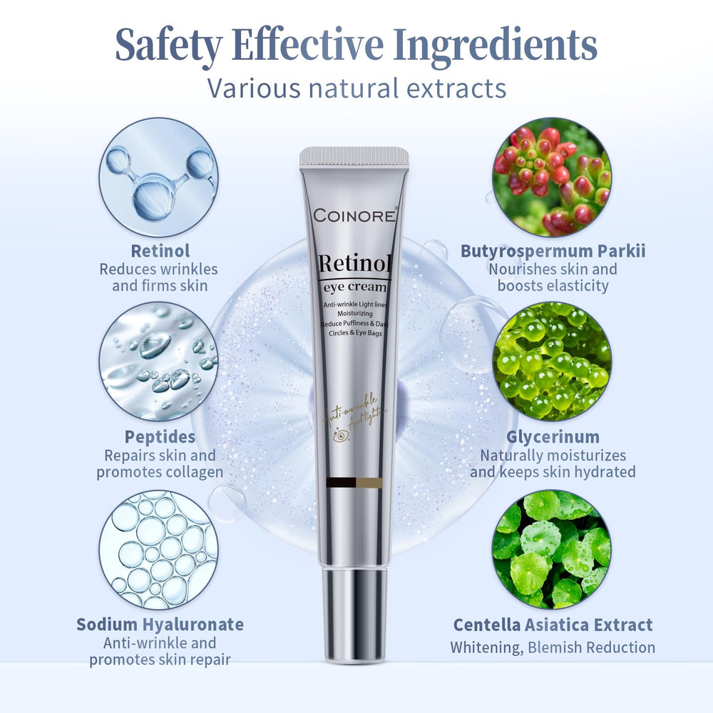Coinore Retinol Under Eye Cream bottle label highlights vegan formula and skin barrier support.