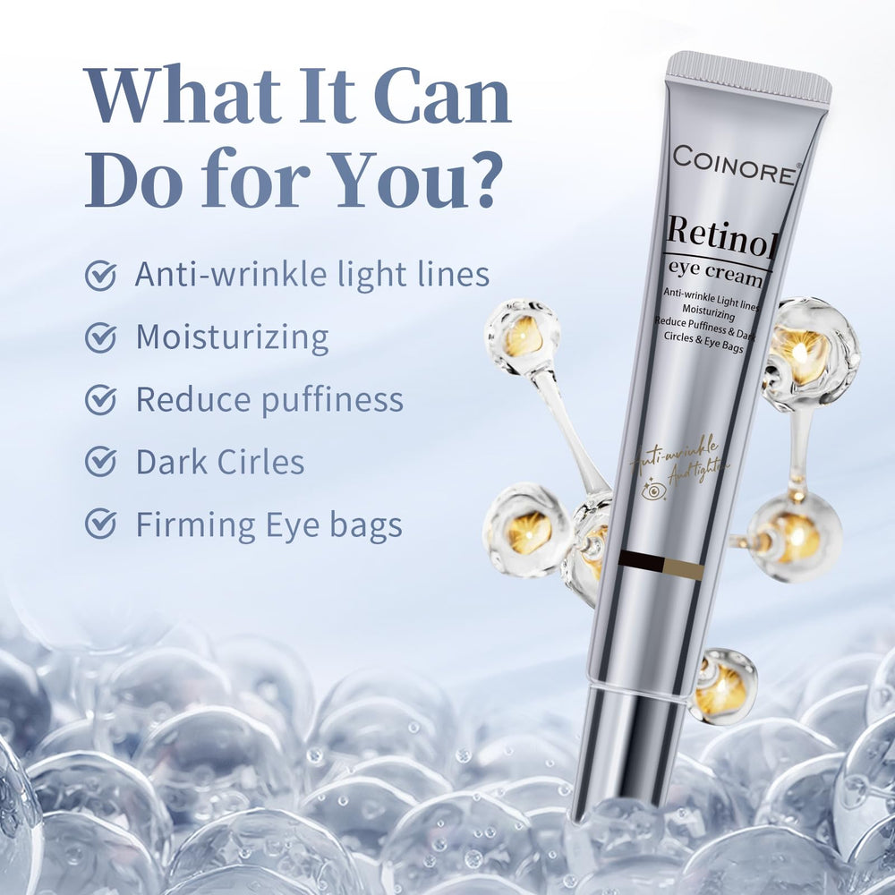Coinore Retinol Under Eye Cream jar closeup highlights creamy texture for gentle, effective application.