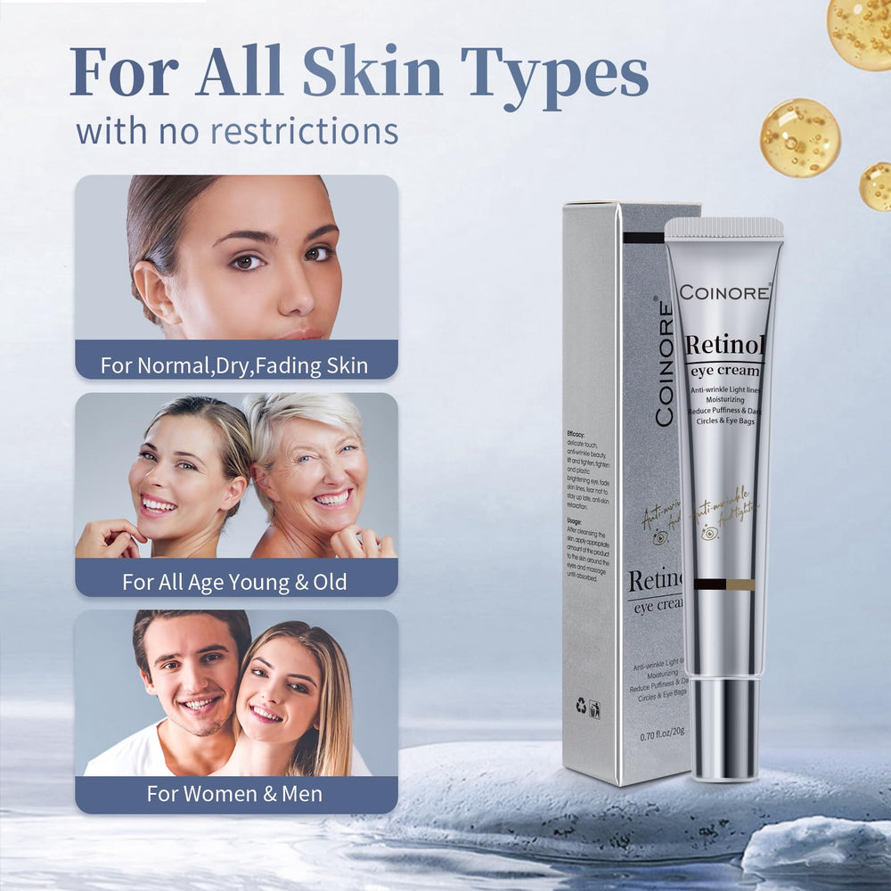 Coinore Retinol Under Eye Cream texture closeup shows silky, fast-absorbing formula.