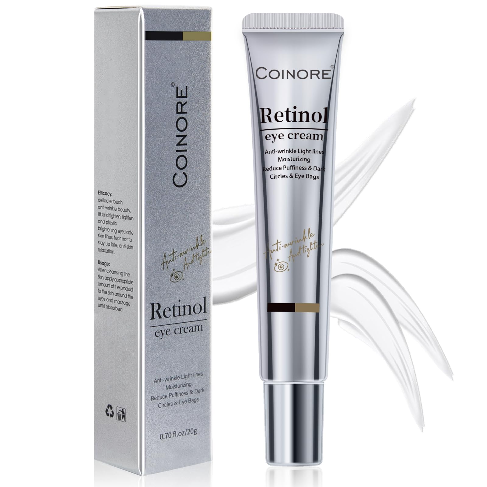 Coinore Retinol Under Eye Cream tube shown for easy use to brighten and refresh the eye area.