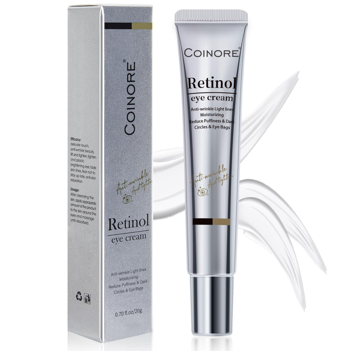 Coinore Retinol Under Eye Cream tube shown for easy use to brighten and refresh the eye area.