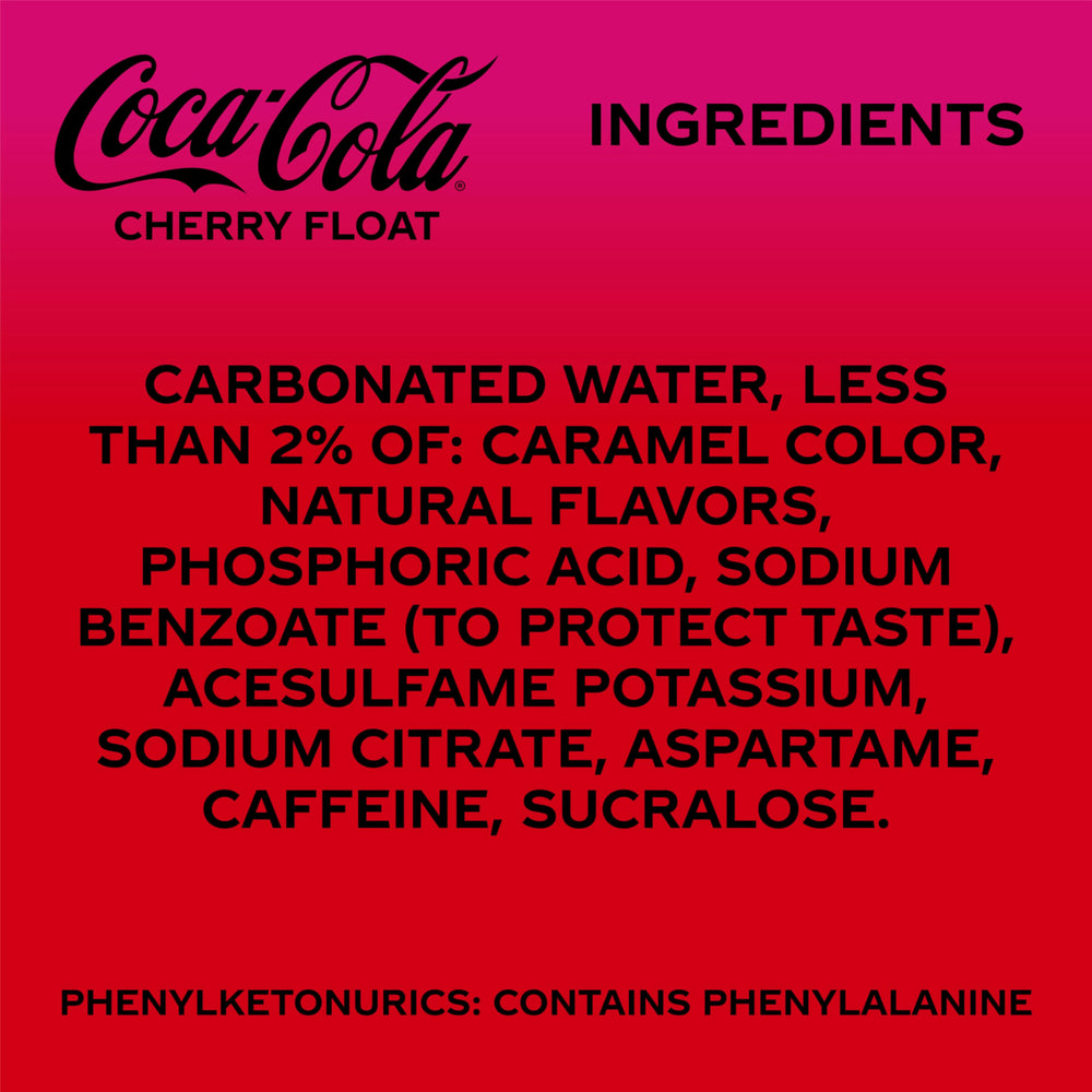 Coca-Cola Zero Sugar Cherry Float can label shows bold flavor profile.