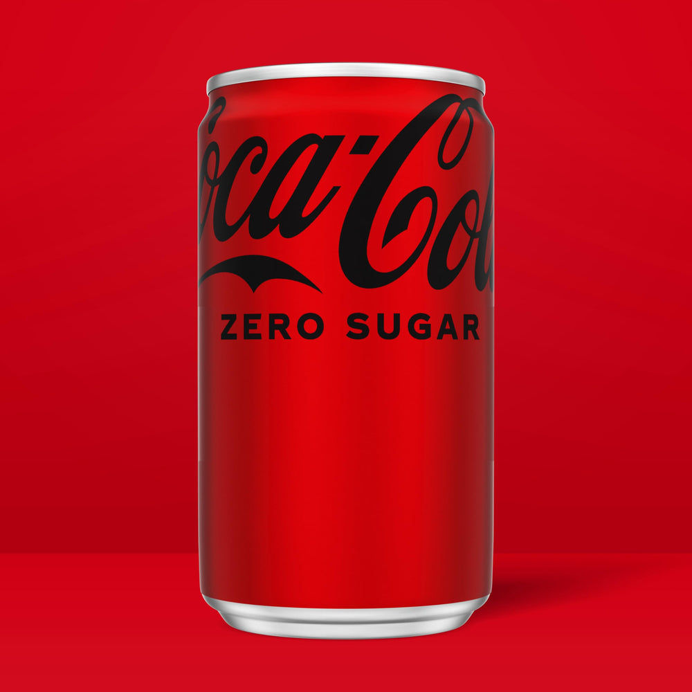 Coke Zero Sugar mini-can label close-up emphasizes allergen-free formula.