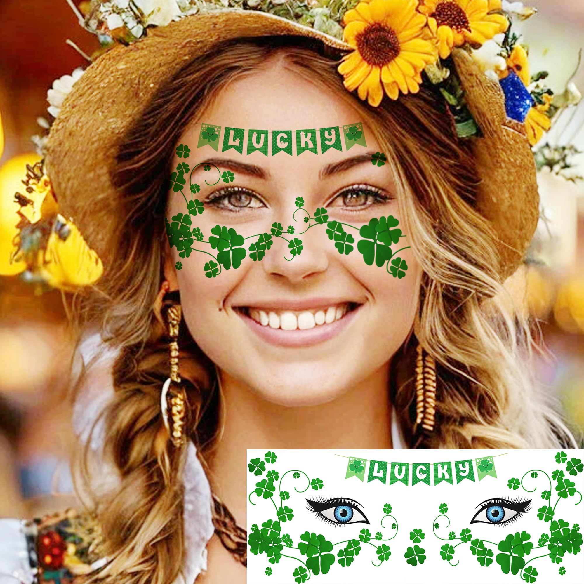 COKTAK face and body tattoos with clover designs for festive makeup.