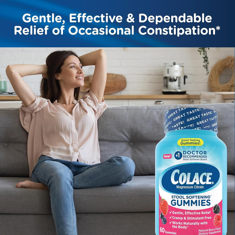 Gluten-free Colace gummies label signals allergen-friendly option