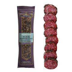Colamecos Black Peppercorn salami chub showcasing bold flavor, all natural.