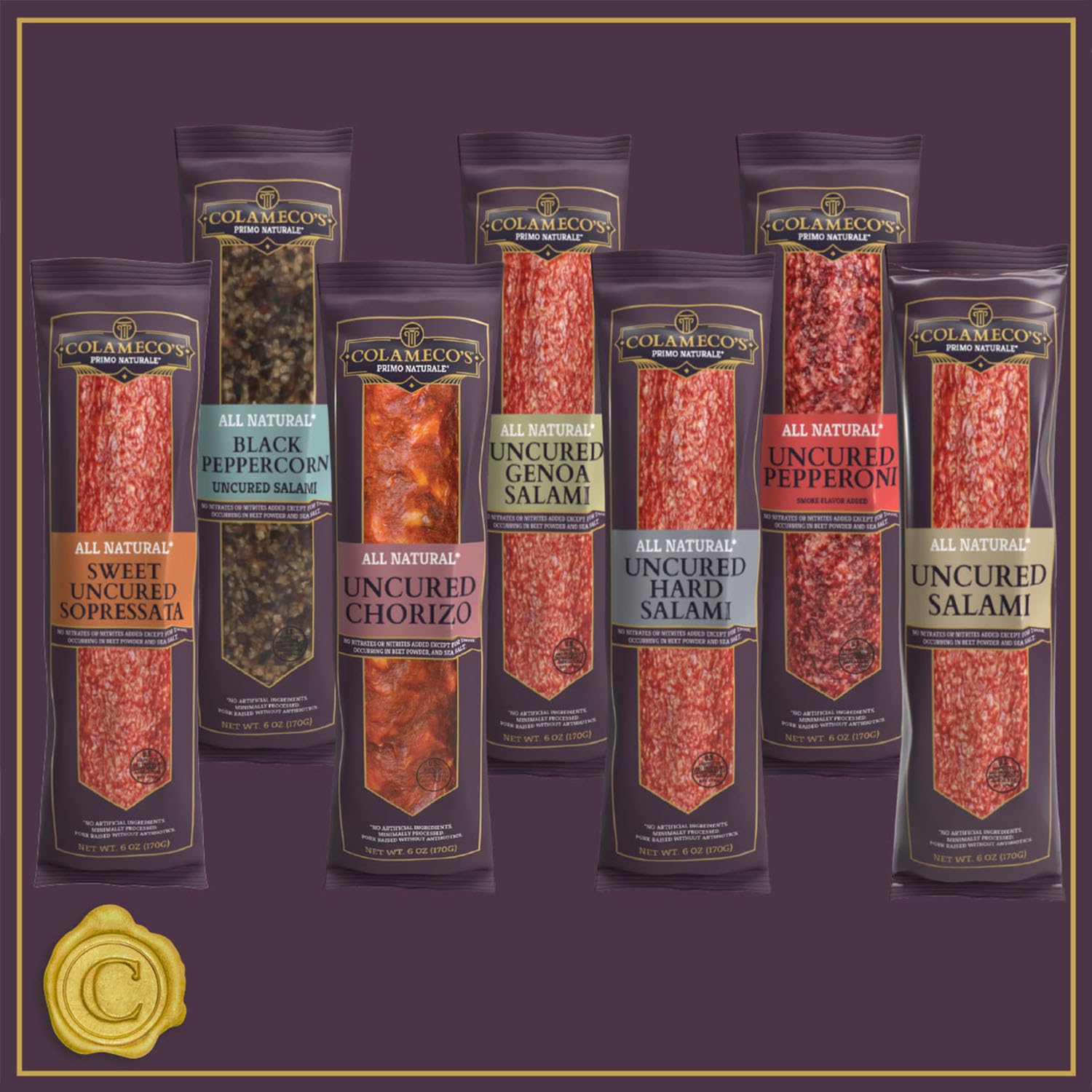 Colamecos salami with cheese and olives on a snack board.