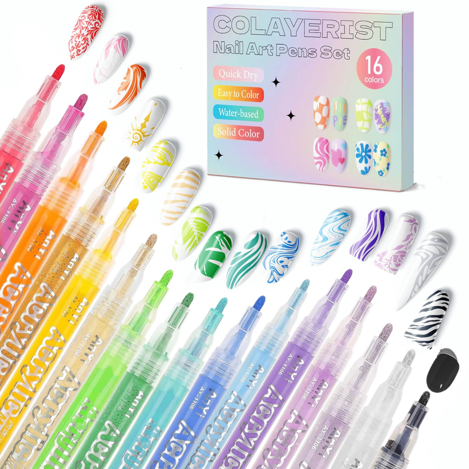 COLAYERIST Nail Art Pens 16-color kit for vibrant, versatile nail designs at home.