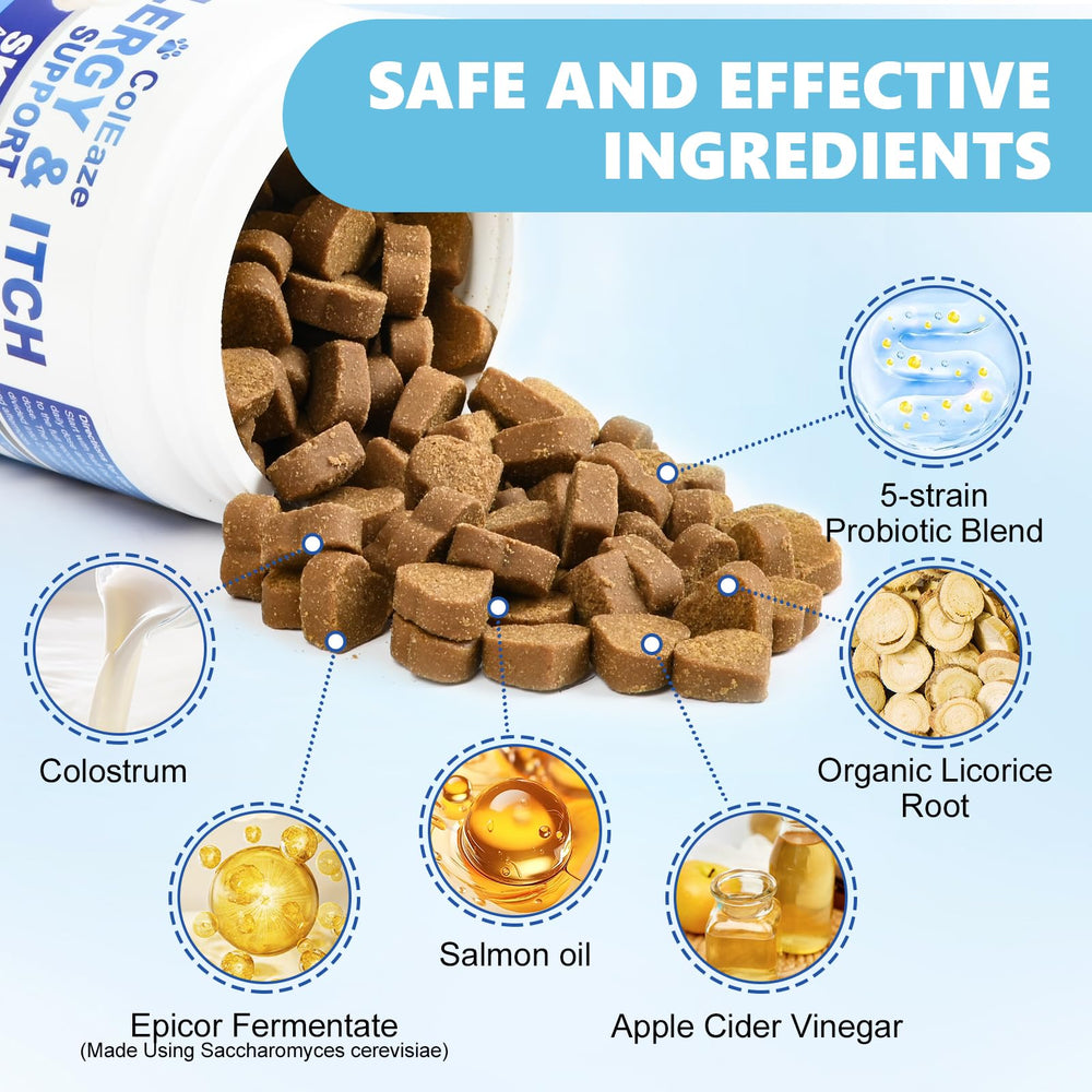 Coleaze Dog Allergy Chews ingredients with colostrum support coat health.