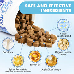 Coleaze Dog Allergy Chews ingredients with colostrum support coat health.